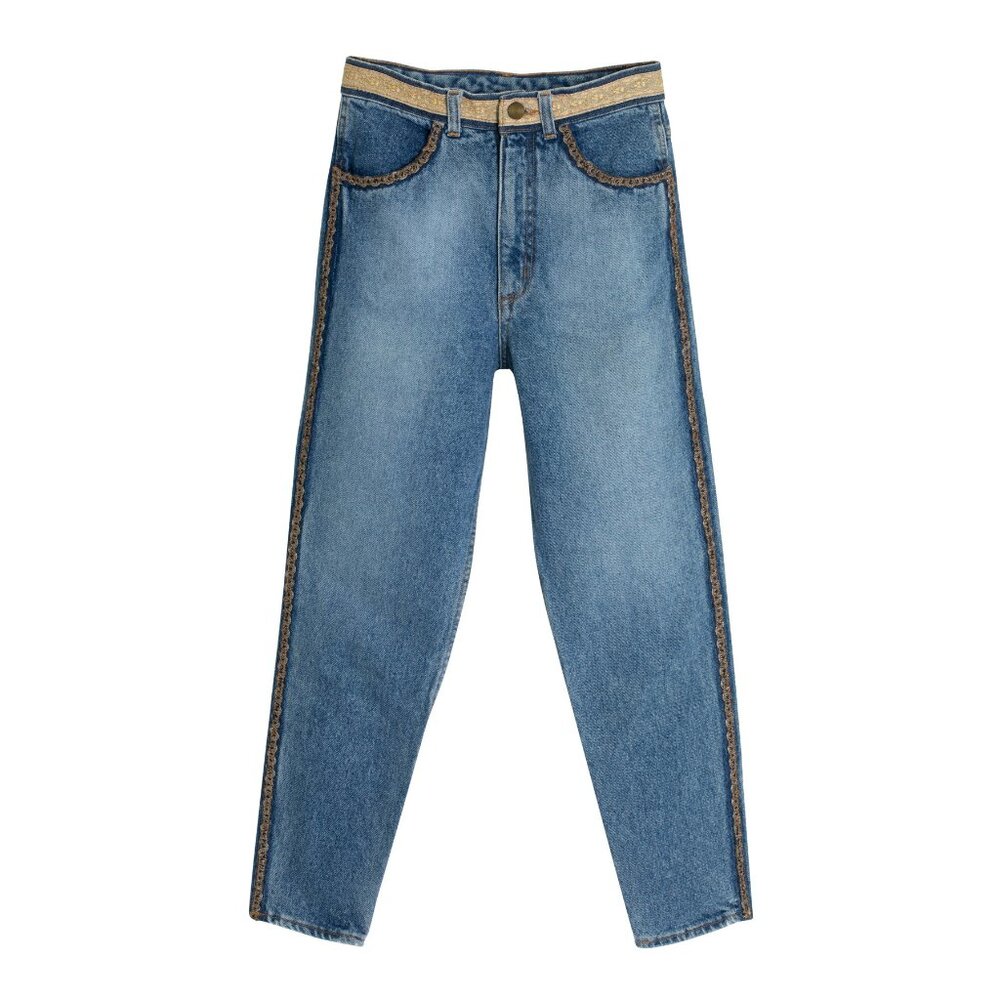 Fiorucci (Italy) 80s, Ring-Spun Indigo, Jacquard Braid, Gold Lace Overlay
